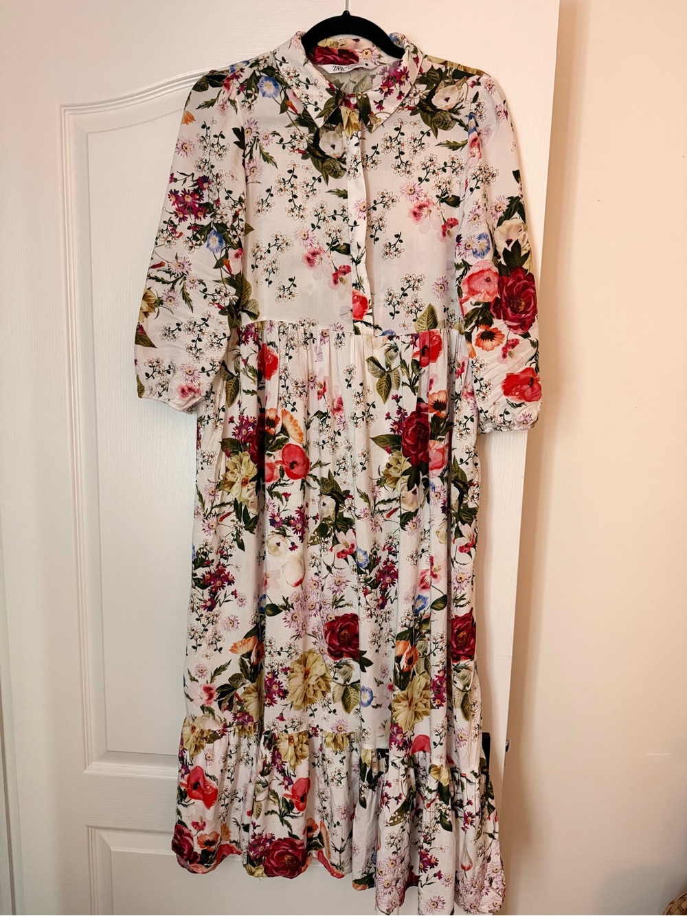 Zara White Floral Midi Dress with Red & Green Accents
